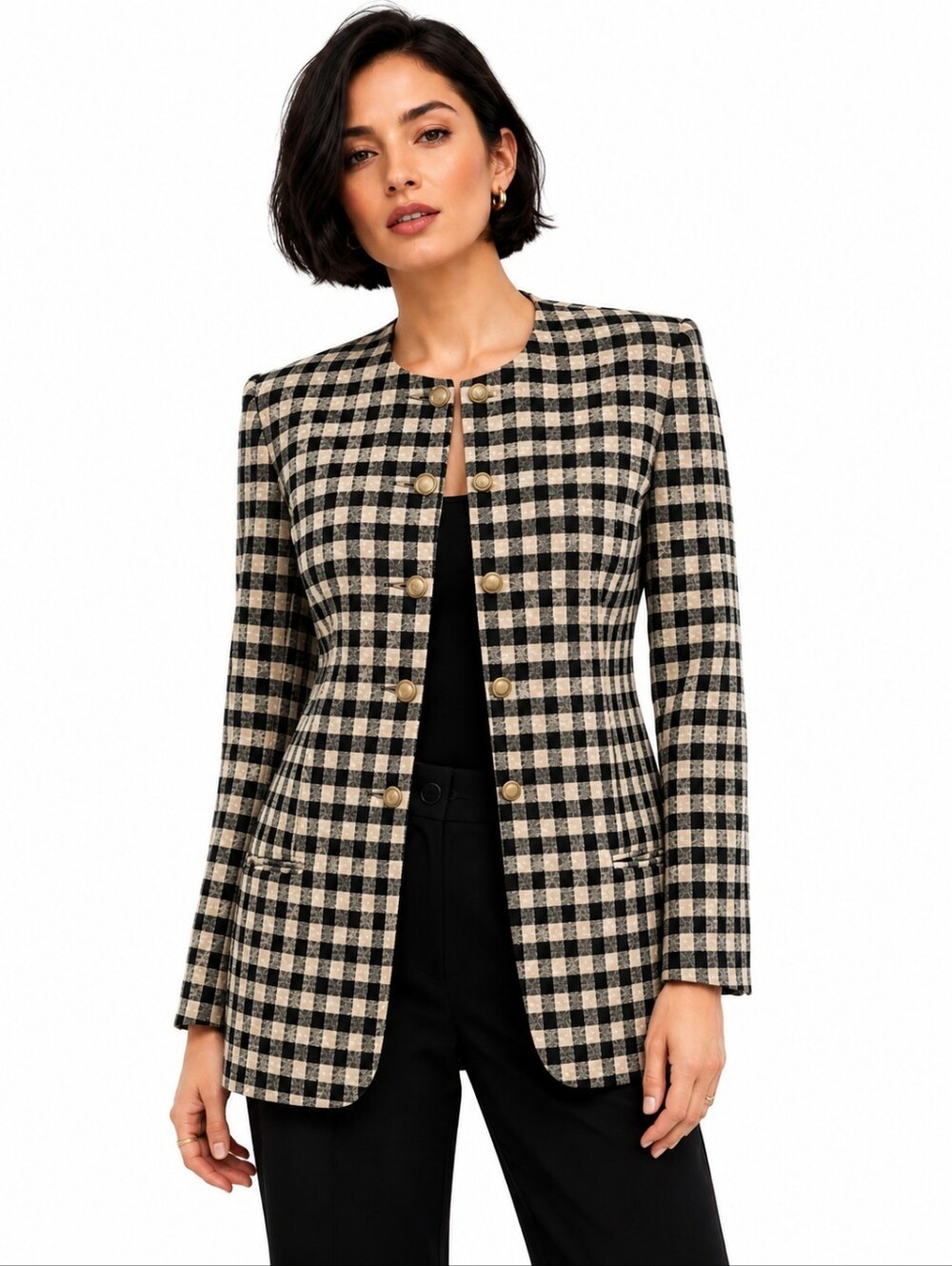 Louben Vintage Blazer Size 8 Black Beige Check Gold Button Made Canada